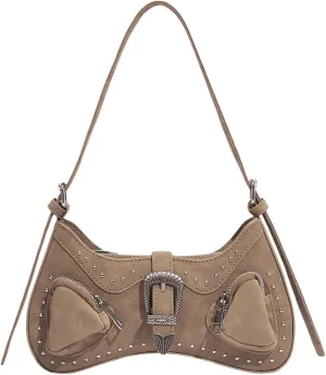 WDIRARA Women's Studded Detail Underarm Bag Buckle Decor Clutch Purse Flap Zipper Funky Shoulder Handbag