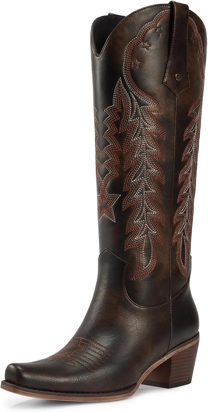 wetkiss Cowboy Boots for Women Knee High Cowgirl Boots Retro Embroidered Chunky Heels Pointed Toe Western Long Tall Boot Pull On