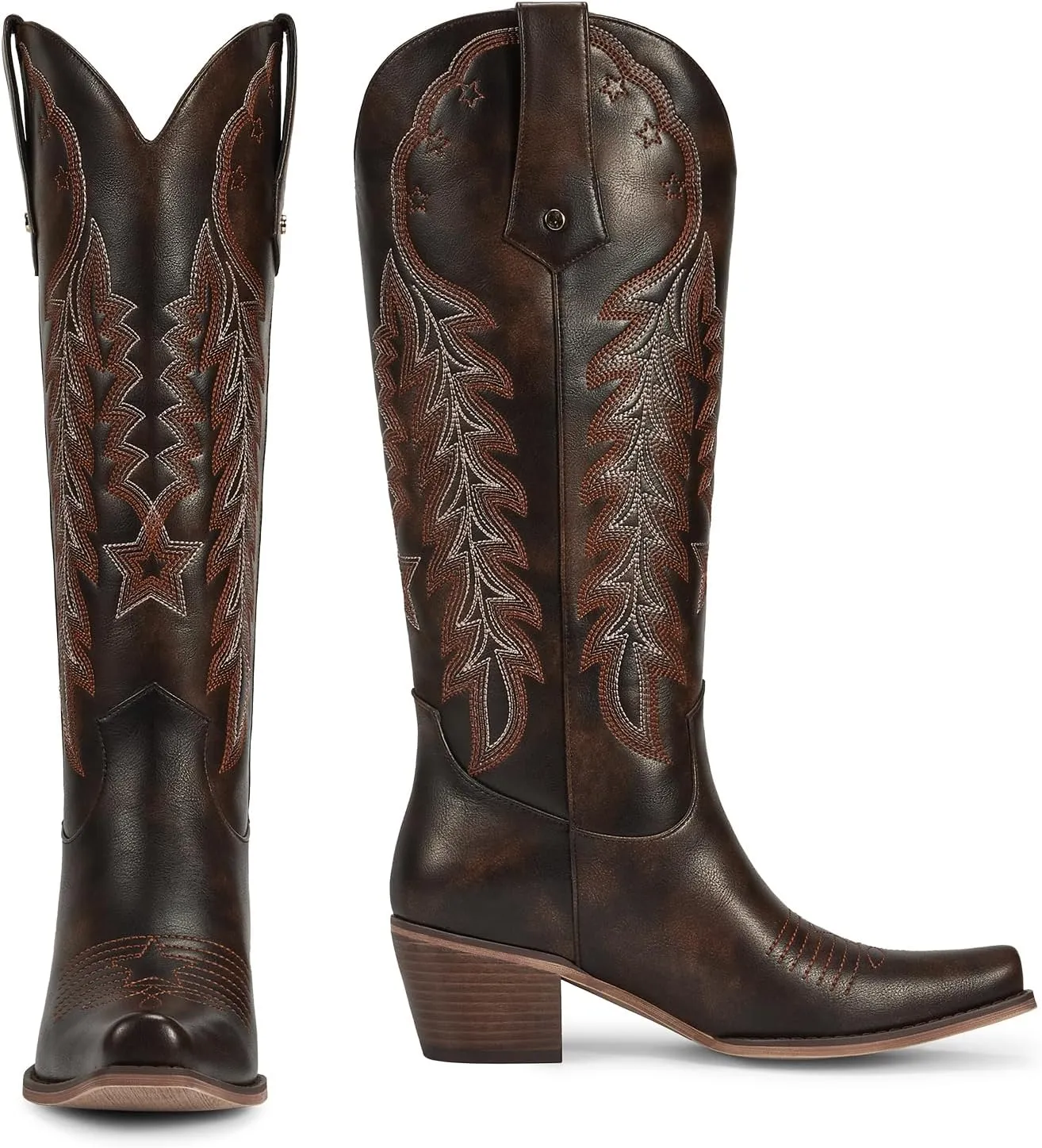 wetkiss Cowboy Boots for Women Knee High Cowgirl Boots Retro Embroidered Chunky Heels Pointed Toe Western Long Tall Boot Pull On