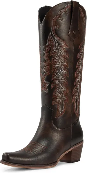 wetkiss Cowboy Boots for Women Knee High Cowgirl Boots Retro Embroidered Chunky Heels Pointed Toe Western Long Tall Boot Pull On