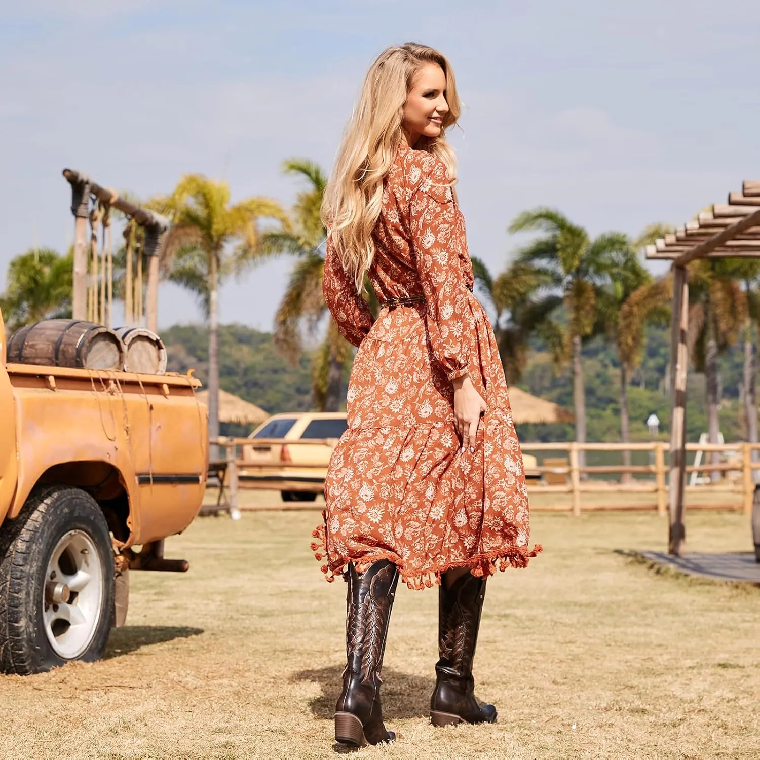 wetkiss Cowboy Boots for Women Knee High Cowgirl Boots Retro Embroidered Chunky Heels Pointed Toe Western Long Tall Boot Pull On