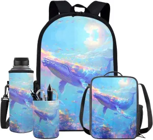 Whale Backpack for Kids Girls Backpack with Lunch Box Water Bottle Carrier with Strap and Pen Holder 4PCS Set 17" Large Capacity Bookbag for School Lightweight School Bag with Side Pocket