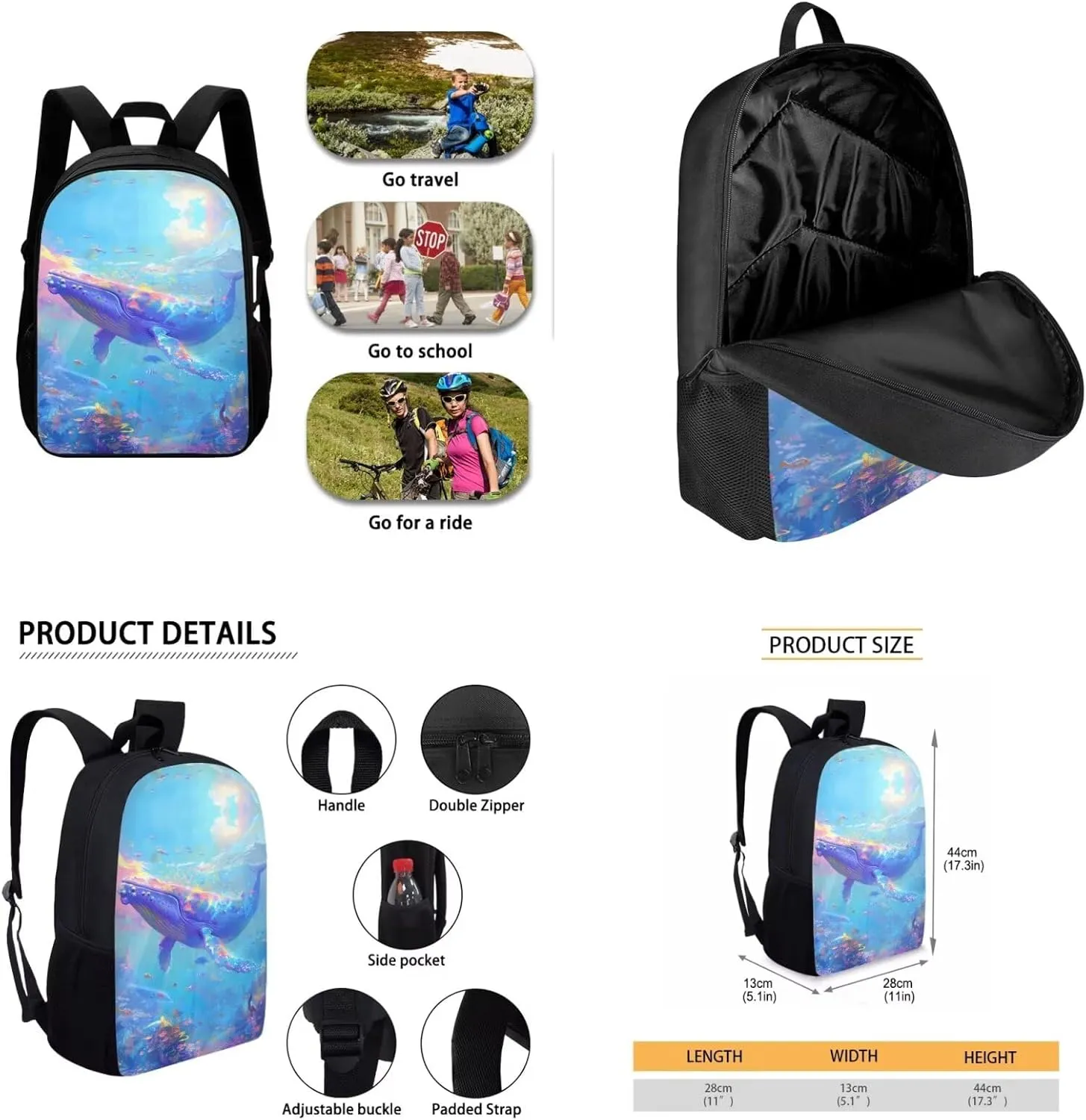 Whale Backpack for Kids Girls Backpack with Lunch Box Water Bottle Carrier with Strap and Pen Holder 4PCS Set 17" Large Capacity Bookbag for School Lightweight School Bag with Side Pocket