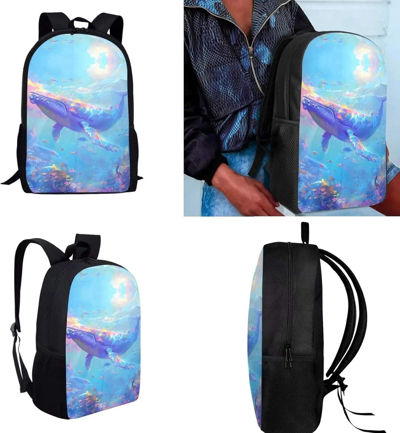 Whale Backpack for Kids Girls Backpack with Lunch Box Water Bottle Carrier with Strap and Pen Holder 4PCS Set 17" Large Capacity Bookbag for School Lightweight School Bag with Side Pocket