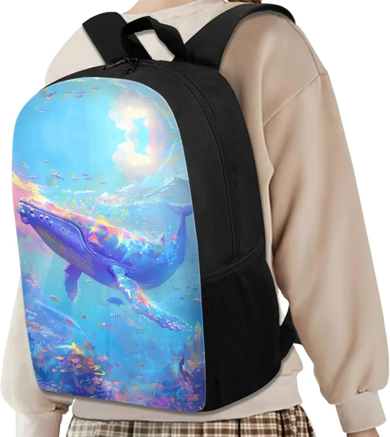 Whale Backpack for Kids Girls Backpack with Lunch Box Water Bottle Carrier with Strap and Pen Holder 4PCS Set 17" Large Capacity Bookbag for School Lightweight School Bag with Side Pocket