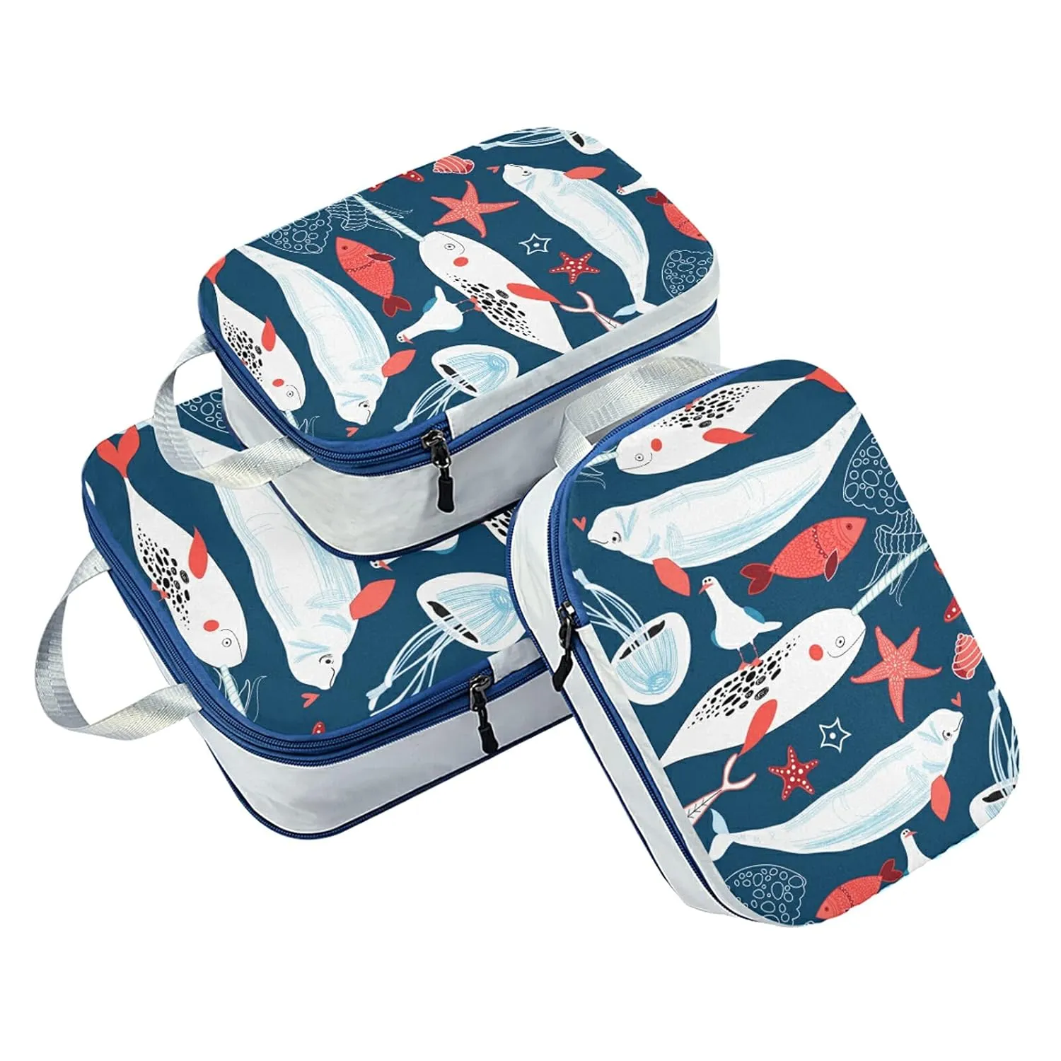 White Sea Whales Jellyfish Red Starfishes Fishes on Dark Blue 3 Set Packing Cubes, Waterproof Check Oxford cloth Organizers, Travel Packing Toiletry Storage Bag