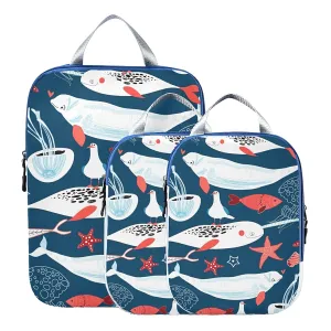 White Sea Whales Jellyfish Red Starfishes Fishes on Dark Blue 3 Set Packing Cubes, Waterproof Check Oxford cloth Organizers, Travel Packing Toiletry Storage Bag