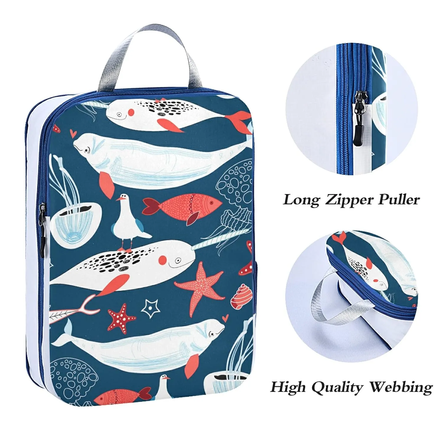 White Sea Whales Jellyfish Red Starfishes Fishes on Dark Blue 3 Set Packing Cubes, Waterproof Check Oxford cloth Organizers, Travel Packing Toiletry Storage Bag