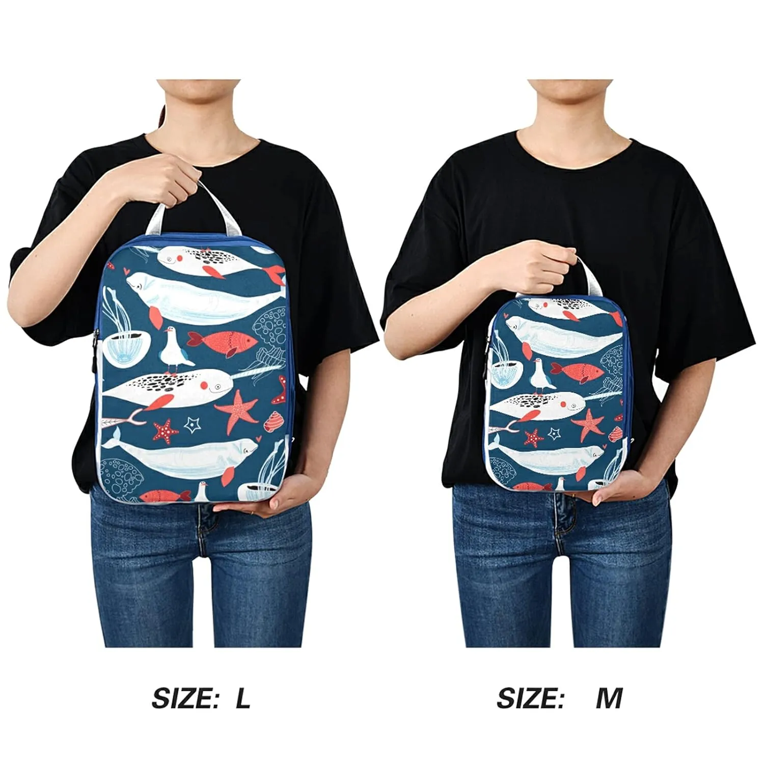 White Sea Whales Jellyfish Red Starfishes Fishes on Dark Blue 3 Set Packing Cubes, Waterproof Check Oxford cloth Organizers, Travel Packing Toiletry Storage Bag