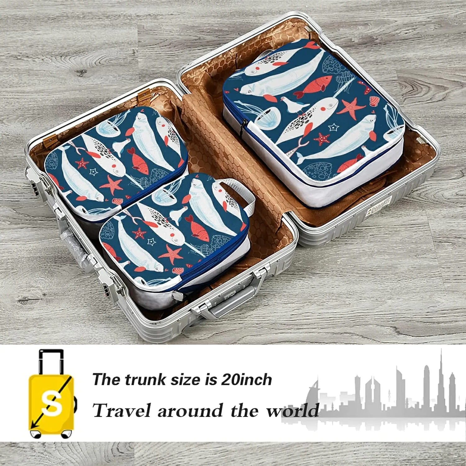 White Sea Whales Jellyfish Red Starfishes Fishes on Dark Blue 3 Set Packing Cubes, Waterproof Check Oxford cloth Organizers, Travel Packing Toiletry Storage Bag