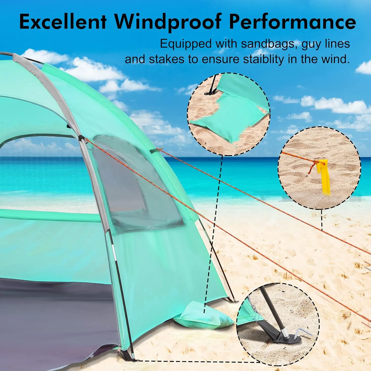 WhiteFang Beach Tent Anti-UV Portable Sun Shade Shelter for 3/4/6/8 Person, Extendable Floor with 3 Ventilating Mesh Windows Plus Carrying Bag, Stakes and Guy Lines