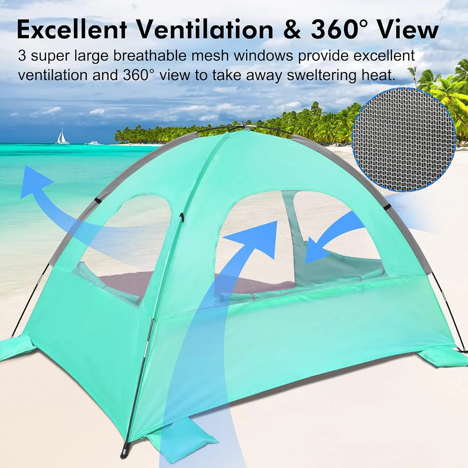 WhiteFang Beach Tent Anti-UV Portable Sun Shade Shelter for 3/4/6/8 Person, Extendable Floor with 3 Ventilating Mesh Windows Plus Carrying Bag, Stakes and Guy Lines