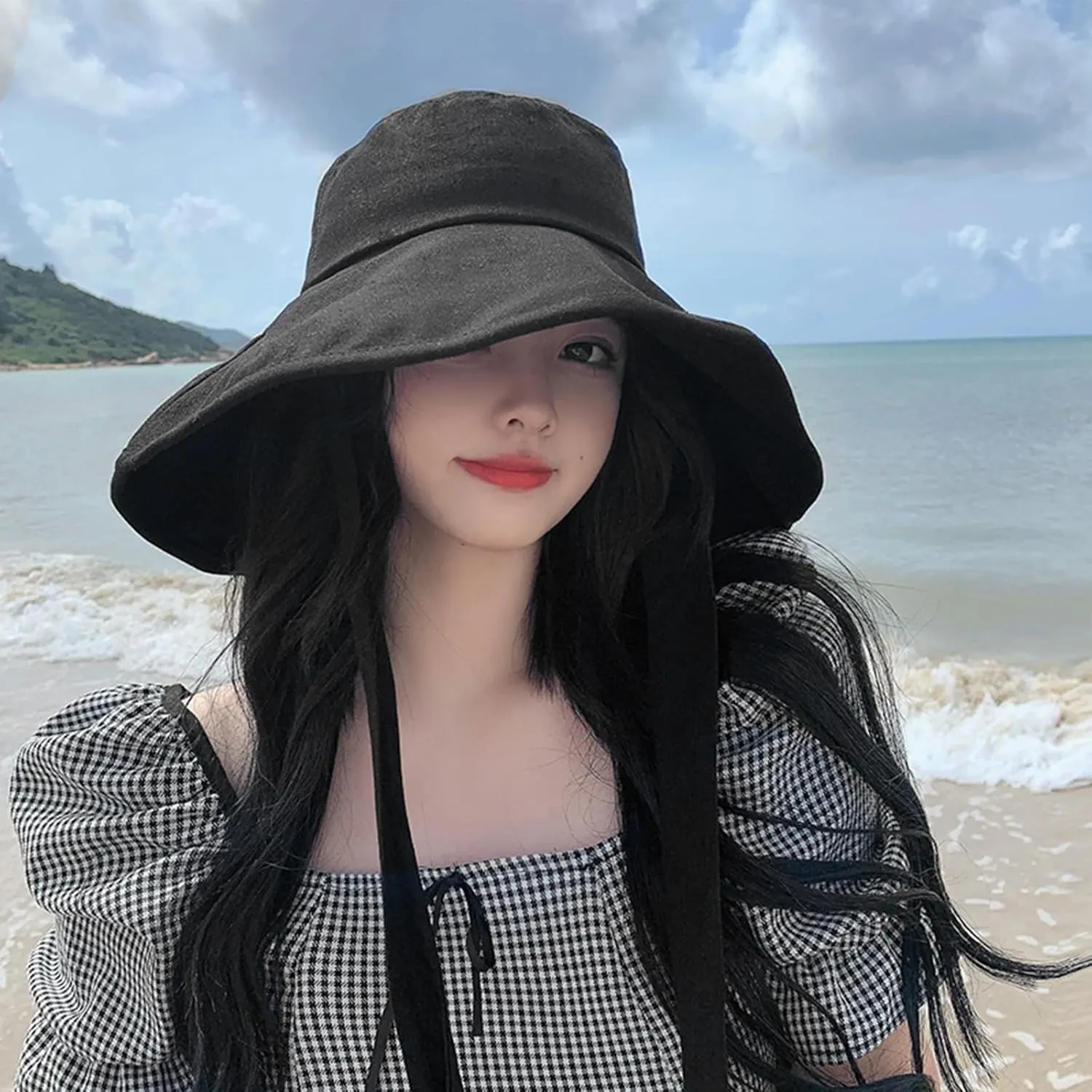 Wide Brim Sun Hat UPF 50  Cotton Bucket Hat with Chin Strap Adjustable Foldable Summer Beach Cap Fishing Hat