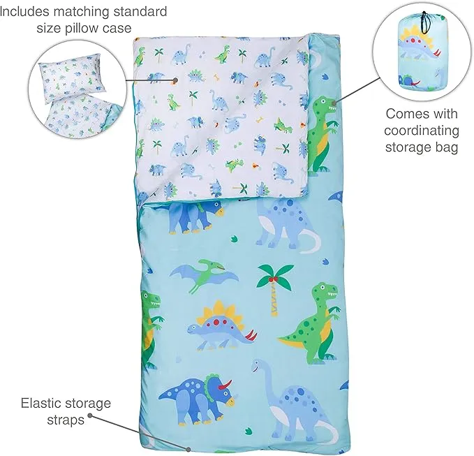 Wildkin Kids Microfiber Sleeping Bag for Boys and Girls, Includes Pillow Case and Stuff Sack, Perfect Size for Slumber Parties, Camping and Overnight Travel, BPA-free, Olive Kids (Dinosaur Land)