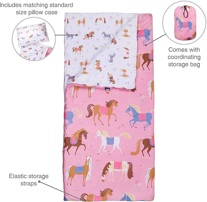 Wildkin Kids Microfiber Sleeping Bag for Boys and Girls, Includes Pillow Case and Stuff Sack, Perfect Size for Slumber Parties, Camping and Overnight Travel (Horses)