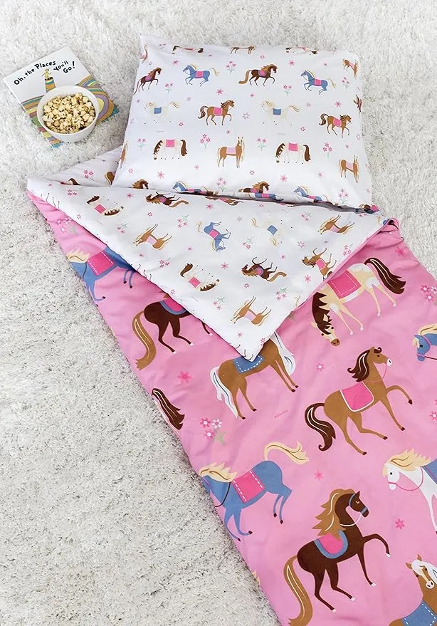 Wildkin Kids Microfiber Sleeping Bag for Boys and Girls, Includes Pillow Case and Stuff Sack, Perfect Size for Slumber Parties, Camping and Overnight Travel (Horses)