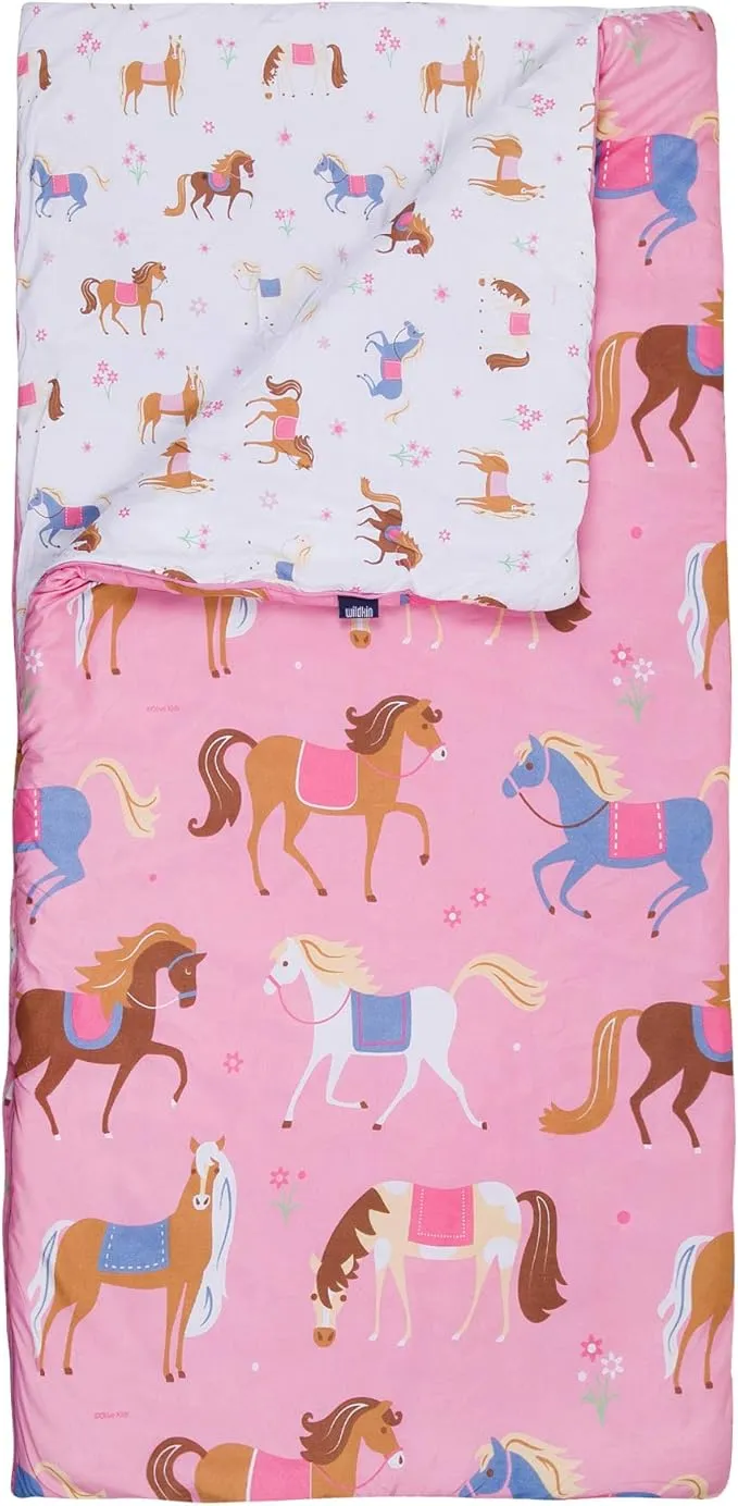 Wildkin Kids Microfiber Sleeping Bag for Boys and Girls, Includes Pillow Case and Stuff Sack, Perfect Size for Slumber Parties, Camping and Overnight Travel (Horses)