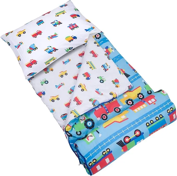 Wildkin Kids Microfiber Sleeping Bag for Boys and Girls,Includes Pillow Case and Stuff Sack, Perfect Size for Slumber Parties,Camping and Overnight Travel (Trains Planes and Trucks)