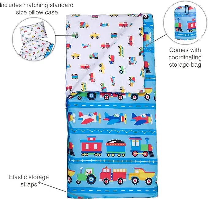 Wildkin Kids Microfiber Sleeping Bag for Boys and Girls,Includes Pillow Case and Stuff Sack, Perfect Size for Slumber Parties,Camping and Overnight Travel (Trains Planes and Trucks)