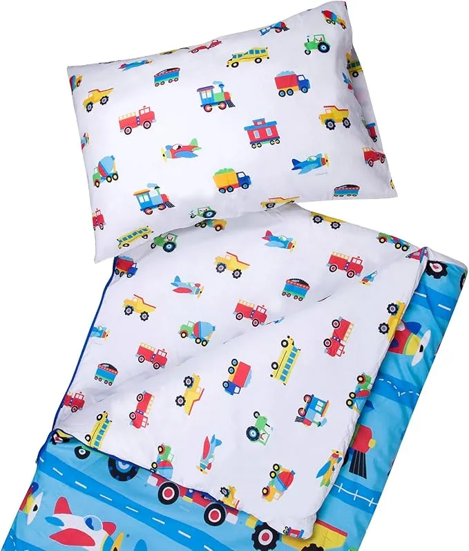 Wildkin Kids Microfiber Sleeping Bag for Boys and Girls,Includes Pillow Case and Stuff Sack, Perfect Size for Slumber Parties,Camping and Overnight Travel (Trains Planes and Trucks)
