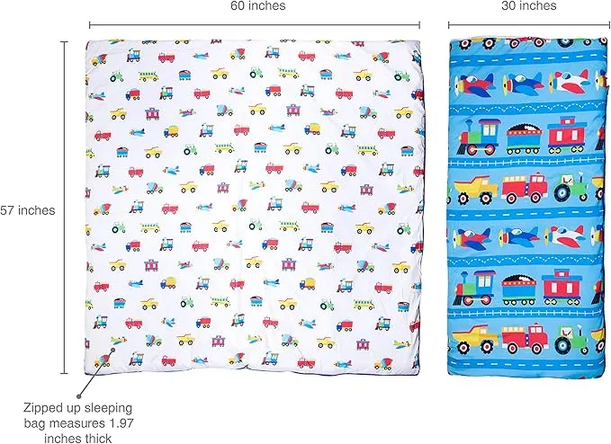Wildkin Kids Microfiber Sleeping Bag for Boys and Girls,Includes Pillow Case and Stuff Sack, Perfect Size for Slumber Parties,Camping and Overnight Travel (Trains Planes and Trucks)
