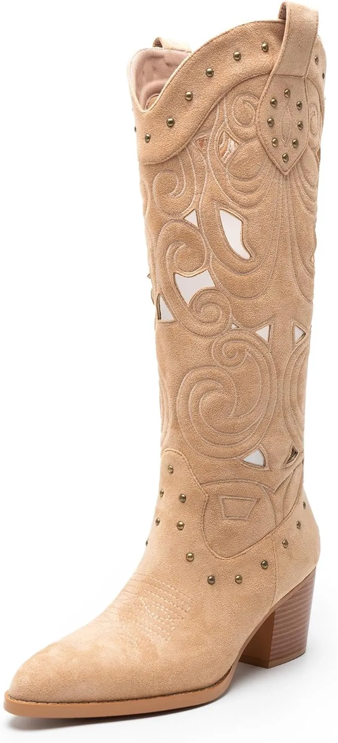 WIRALOMI Western Cowboy Boots for Women, Pointed Toe Mid Calf Cowgirl Boots with Hollow Floral and Rivet, Chunky High Heel Boots