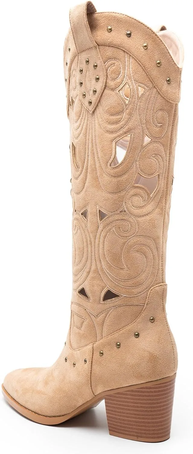 WIRALOMI Western Cowboy Boots for Women, Pointed Toe Mid Calf Cowgirl Boots with Hollow Floral and Rivet, Chunky High Heel Boots