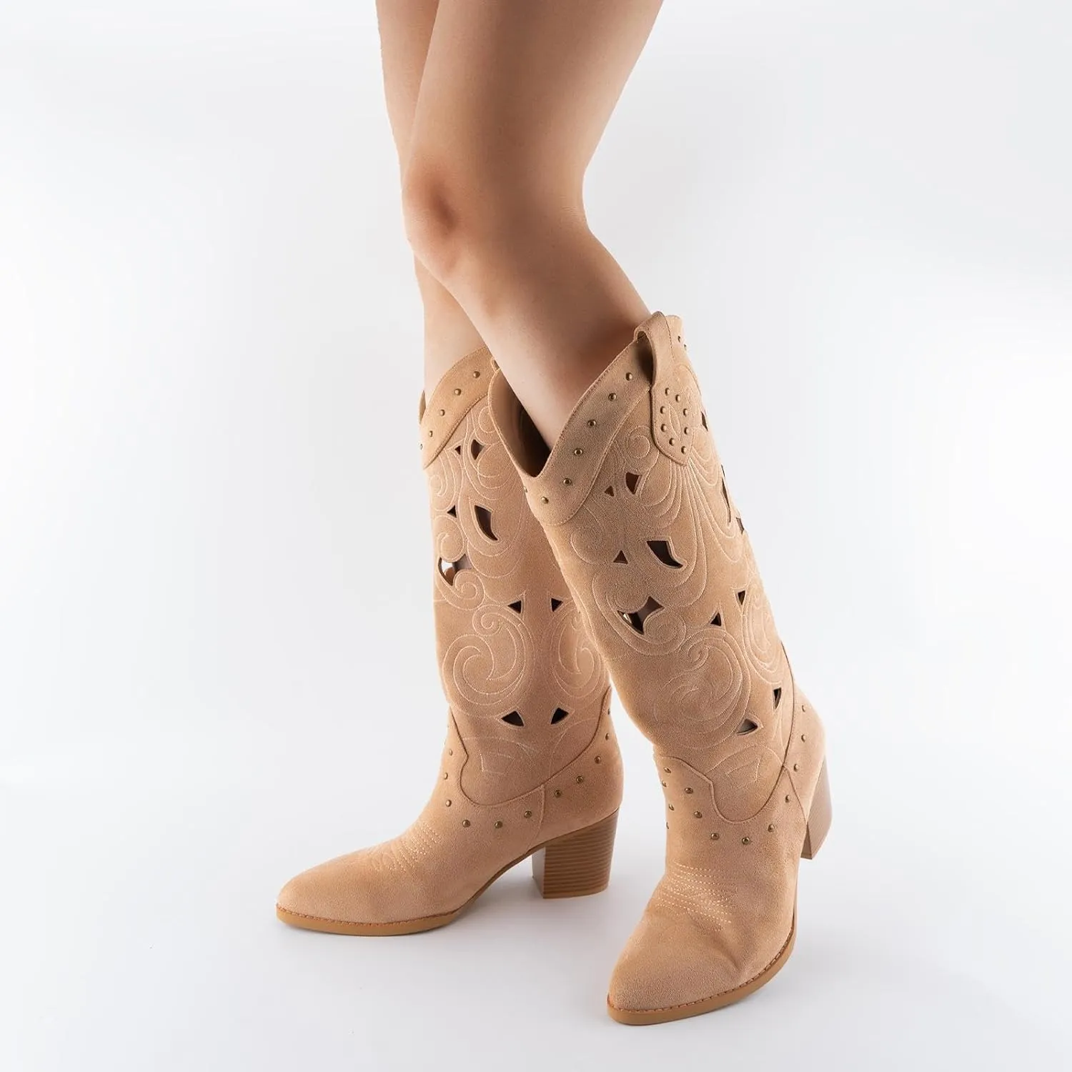 WIRALOMI Western Cowboy Boots for Women, Pointed Toe Mid Calf Cowgirl Boots with Hollow Floral and Rivet, Chunky High Heel Boots