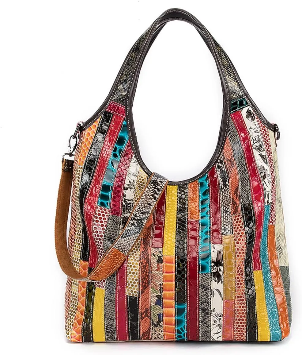 Women 3D Shiny Snake Print Handbag Leather Patent Leather Multi-colour Spliced Shoulder Purse Colorful Satchel Tote, One Color, One Size