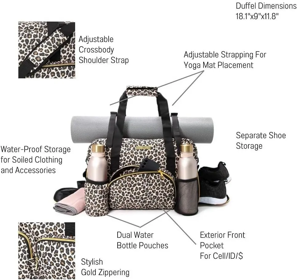 Women Exercise Fitness Gym Travel & Weekender Duffel bag Waterproof Wet Storage Yoga Mat Storage Shoe Storage Carry On Luggage (Quilted Outer, Animal Print)