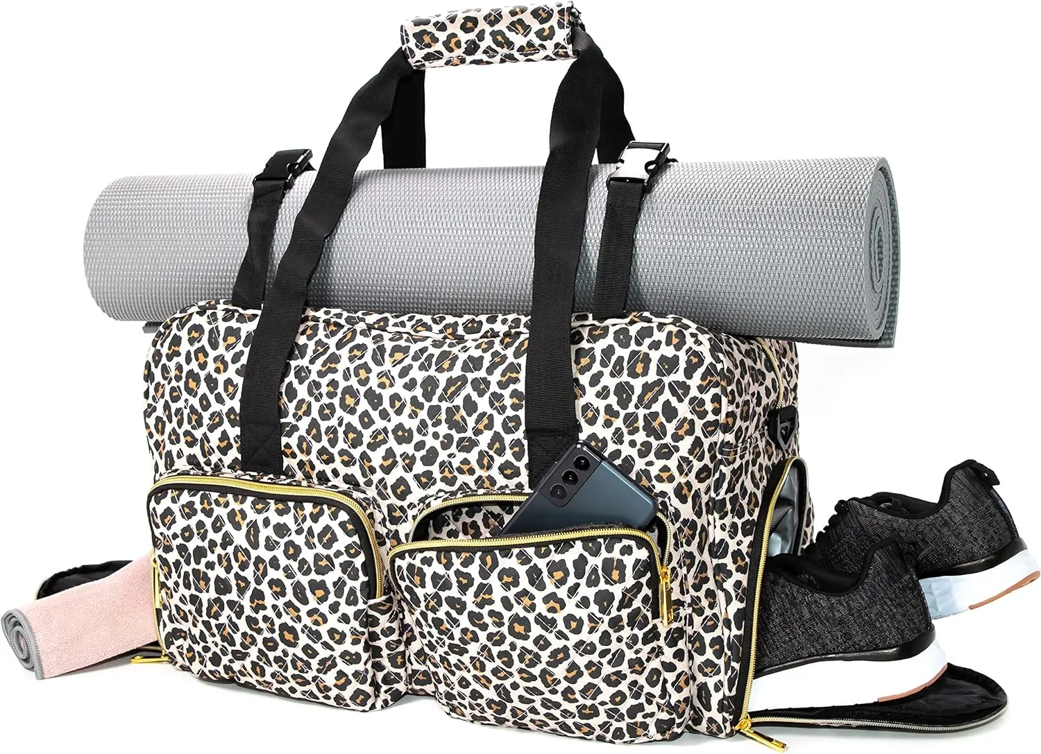 Women Exercise Fitness Gym Travel & Weekender Duffel bag Waterproof Wet Storage Yoga Mat Storage Shoe Storage Carry On Luggage (Quilted Outer, Animal Print)