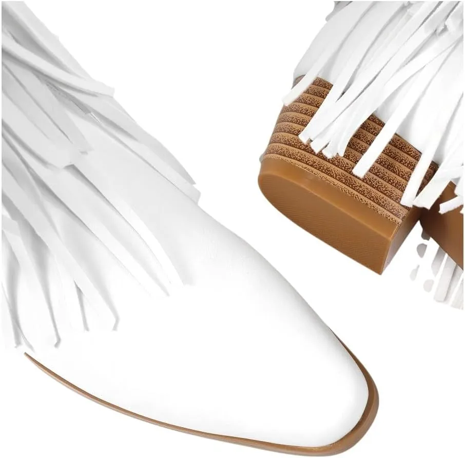 Women Fringe Cowboy Cowgirl Boots Pull On Western Mid Calf Booties