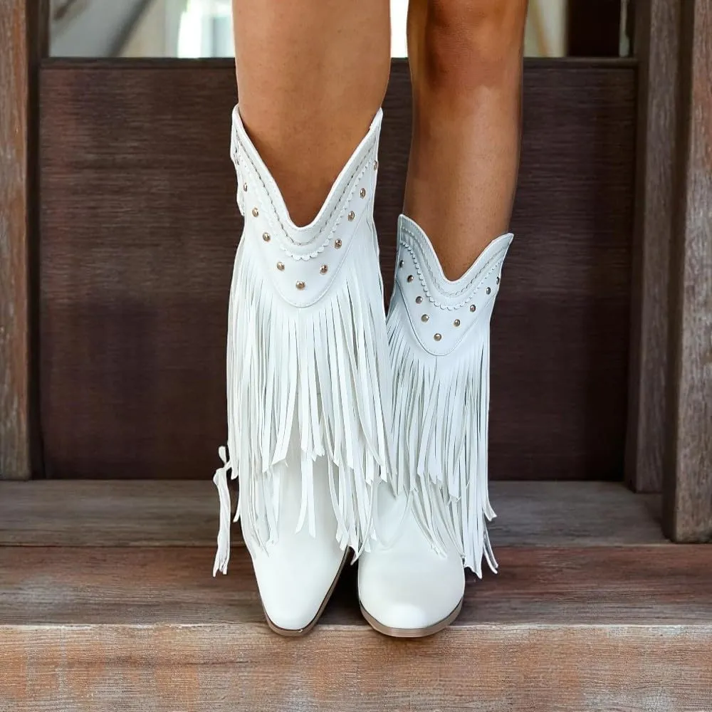 Women Fringe Cowboy Cowgirl Boots Pull On Western Mid Calf Booties