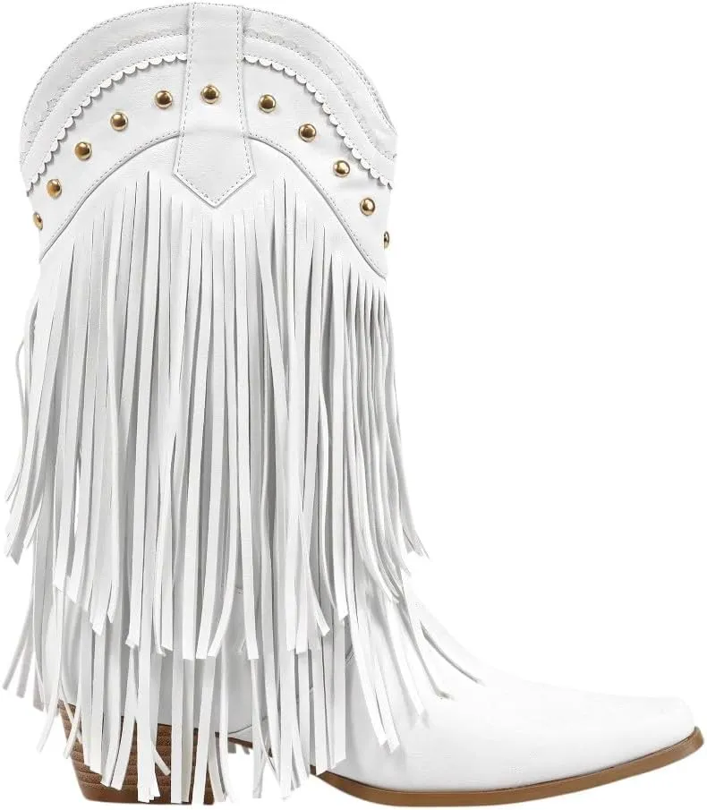 Women Fringe Cowboy Cowgirl Boots Pull On Western Mid Calf Booties