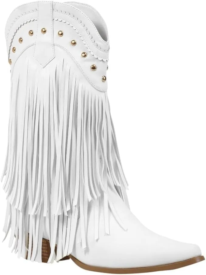Women Fringe Cowboy Cowgirl Boots Pull On Western Mid Calf Booties