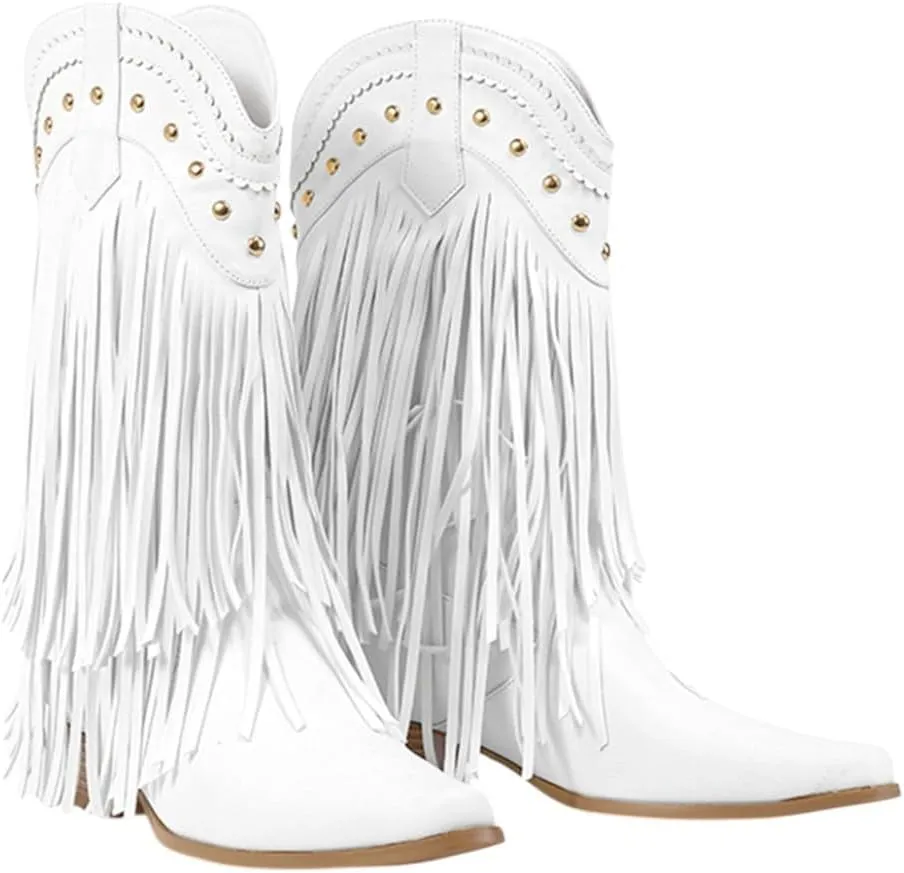 Women Fringe Cowboy Cowgirl Boots Pull On Western Mid Calf Booties