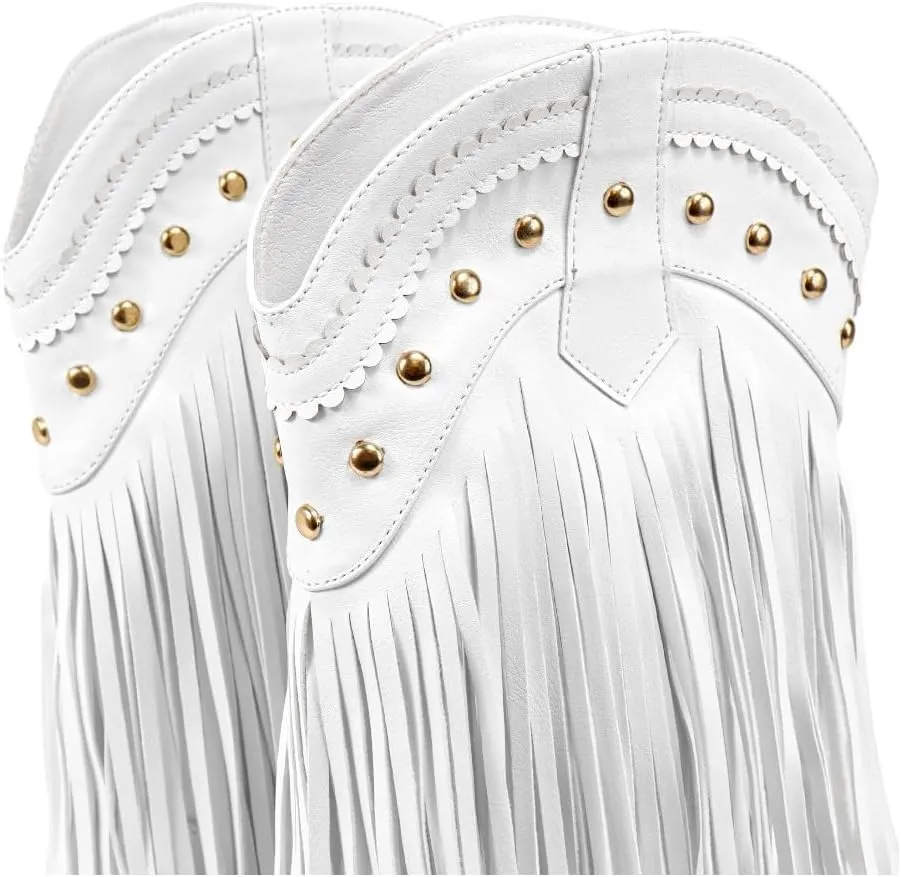 Women Fringe Cowboy Cowgirl Boots Pull On Western Mid Calf Booties