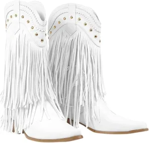 Women Fringe Cowboy Cowgirl Boots Pull On Western Mid Calf Booties