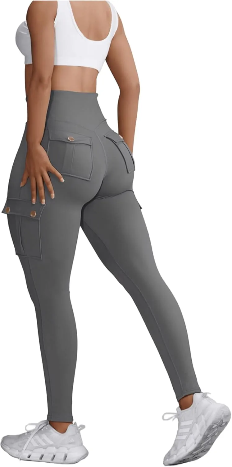 Women High Waist Cargo Leggings Workout Leggings Tummy Control Yoga Pants with Pocket