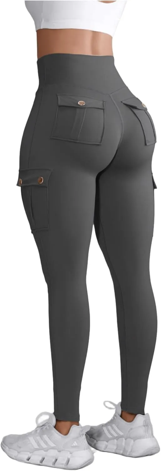 Women High Waist Cargo Leggings Workout Leggings Tummy Control Yoga Pants with Pocket