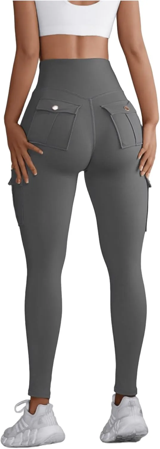 Women High Waist Cargo Leggings Workout Leggings Tummy Control Yoga Pants with Pocket