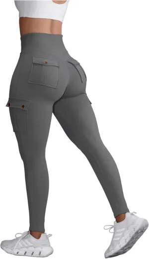 Women High Waist Cargo Leggings Workout Leggings Tummy Control Yoga Pants with Pocket