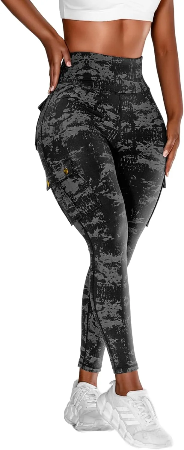 Women High Waist Cargo Leggings Workout Leggings Tummy Control Yoga Pants with Pocket