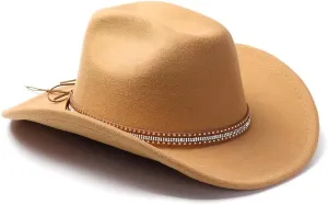 Women Men Fashion Wide Brim Teardrop Crown Felt Western Cowboy Cowgirl Hat with Silver Studs Leather Hat Band