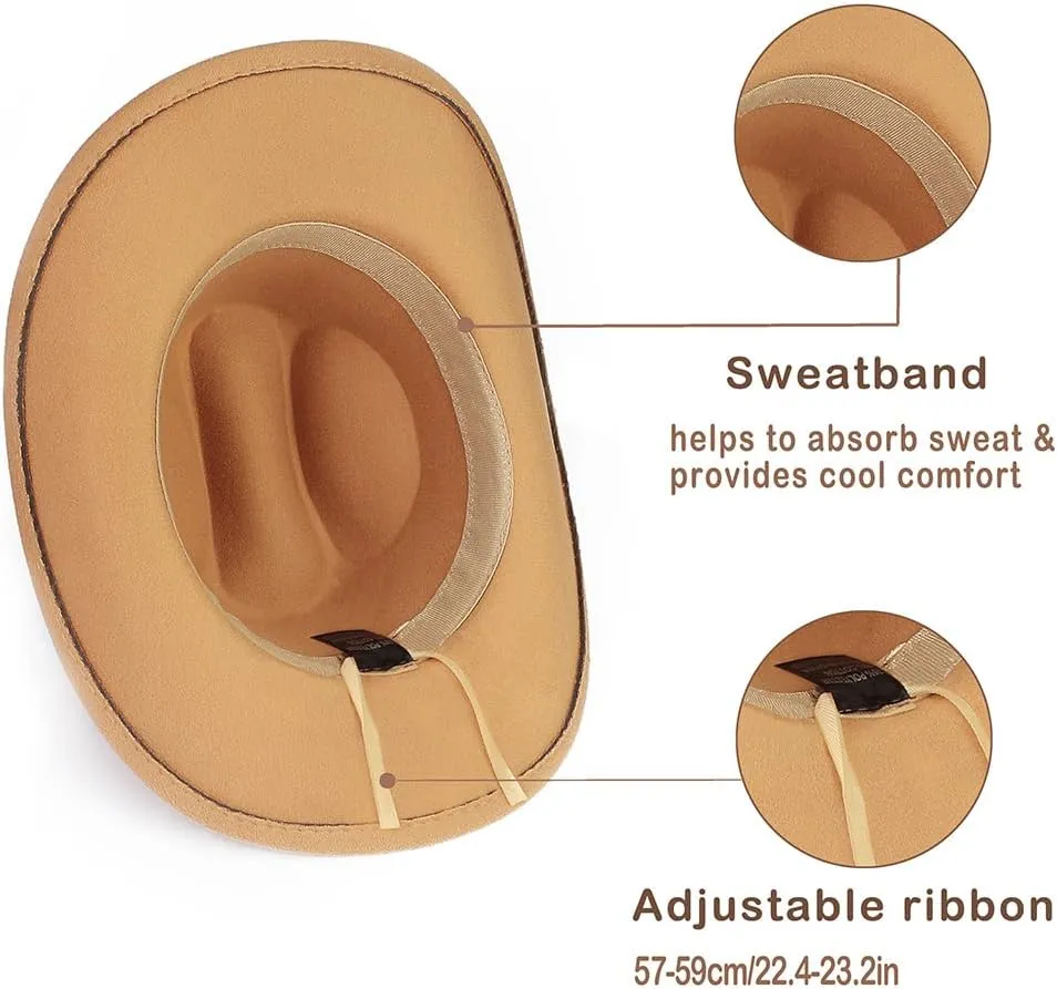Women Men Fashion Wide Brim Teardrop Crown Felt Western Cowboy Cowgirl Hat with Silver Studs Leather Hat Band