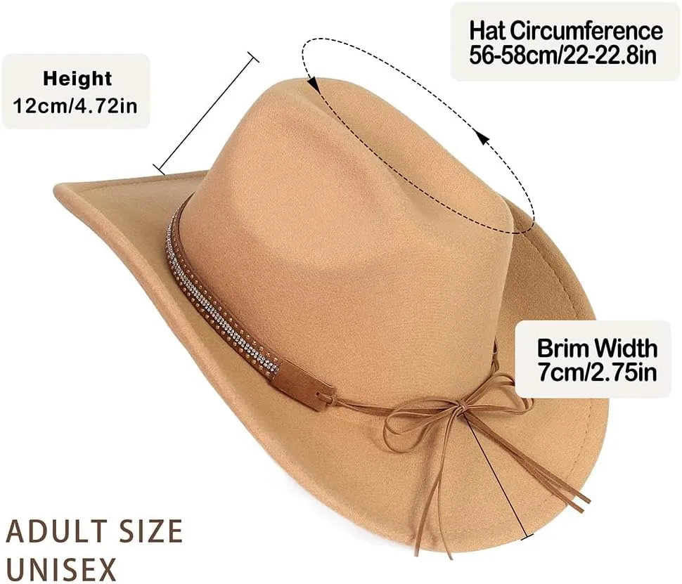 Women Men Fashion Wide Brim Teardrop Crown Felt Western Cowboy Cowgirl Hat with Silver Studs Leather Hat Band