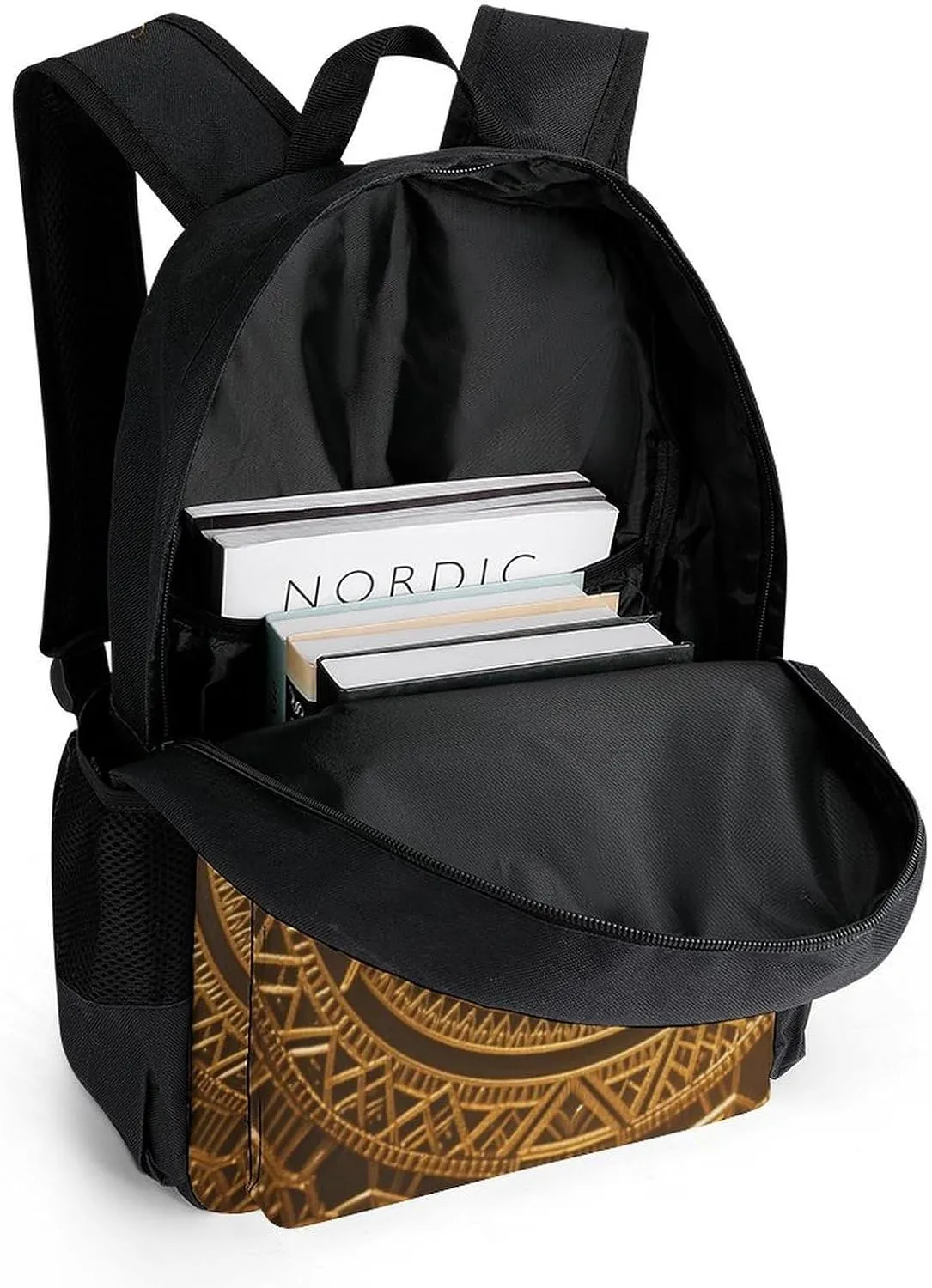 Women Men Polyester Gold Freemason Freemasonry Masonic Art Casual Daypack Large Capacity Bookbag With Side Pockets for Sports Picnic Walking Cycling
