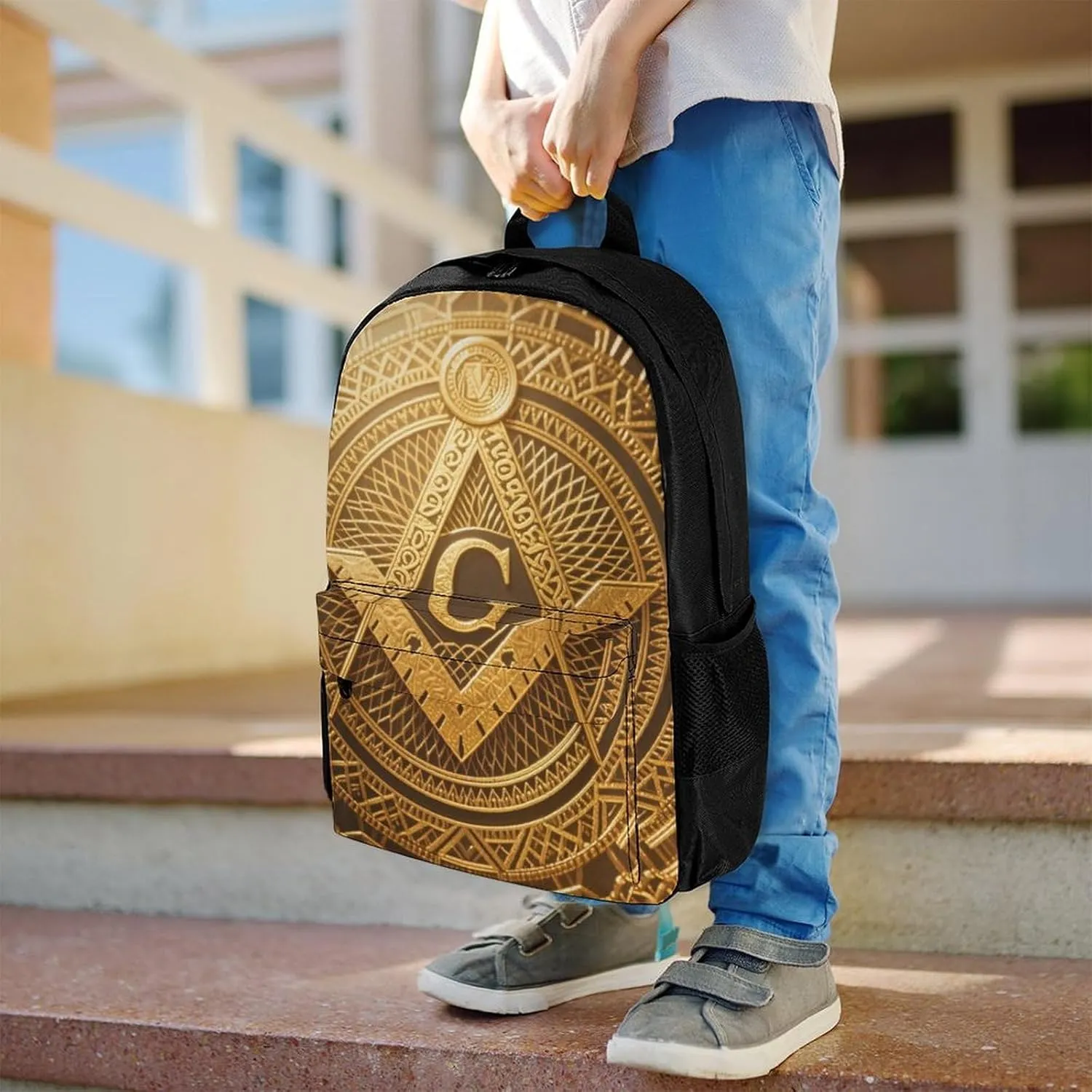 Women Men Polyester Gold Freemason Freemasonry Masonic Art Casual Daypack Large Capacity Bookbag With Side Pockets for Sports Picnic Walking Cycling