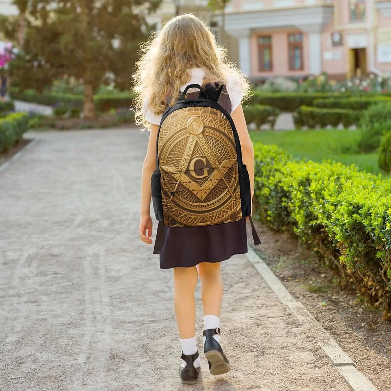 Women Men Polyester Gold Freemason Freemasonry Masonic Art Casual Daypack Large Capacity Bookbag With Side Pockets for Sports Picnic Walking Cycling