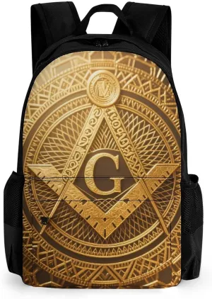 Women Men Polyester Gold Freemason Freemasonry Masonic Art Casual Daypack Large Capacity Bookbag With Side Pockets for Sports Picnic Walking Cycling